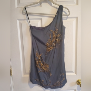 Ark & Co. One-Shoulder Dress Blue With Bronze Beading Size Small